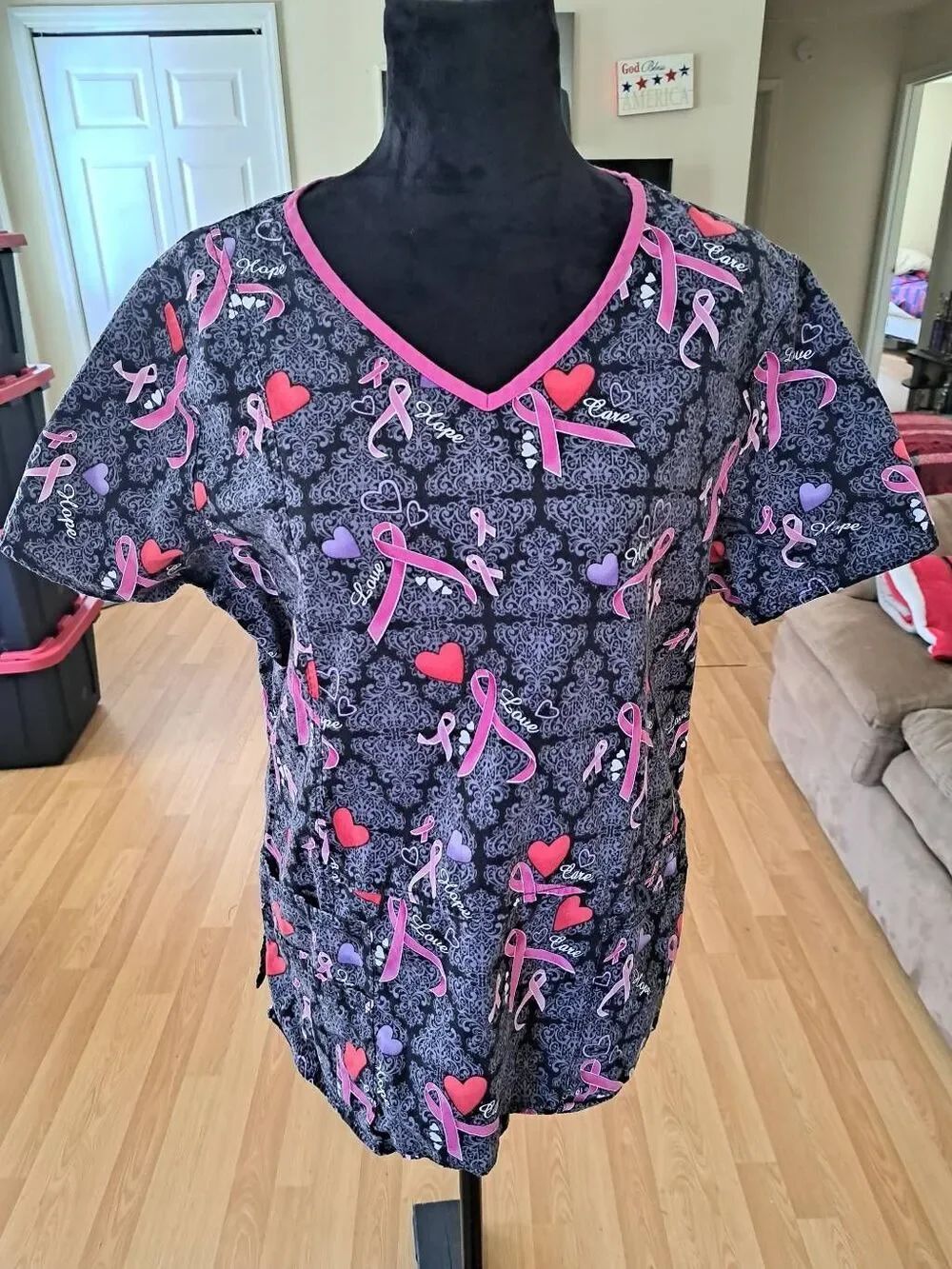 Large Scrub Star Hope Love Care Pink Ribbon Short Sleeve Scrub Top Scrubs